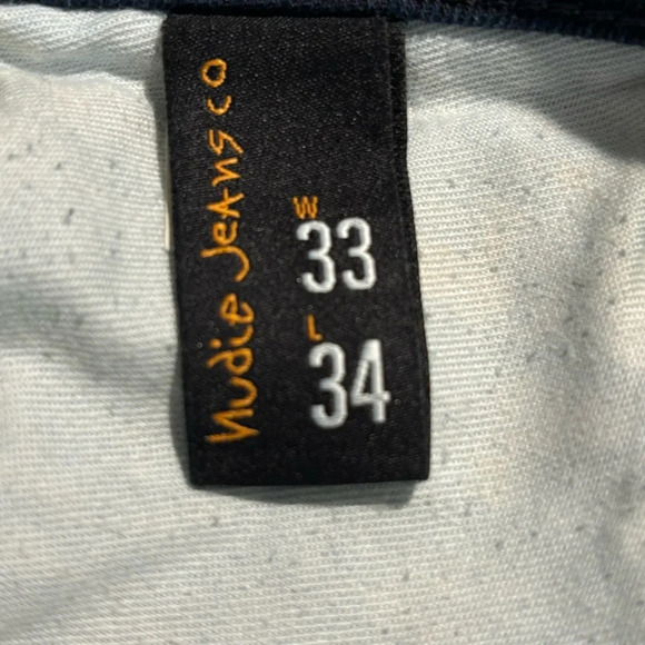 NUDIE Sz 33 x 34 Jeans Thin Finn Dark Shine Slim Dark Wash Wiskering Denim - Picture 8 of 13